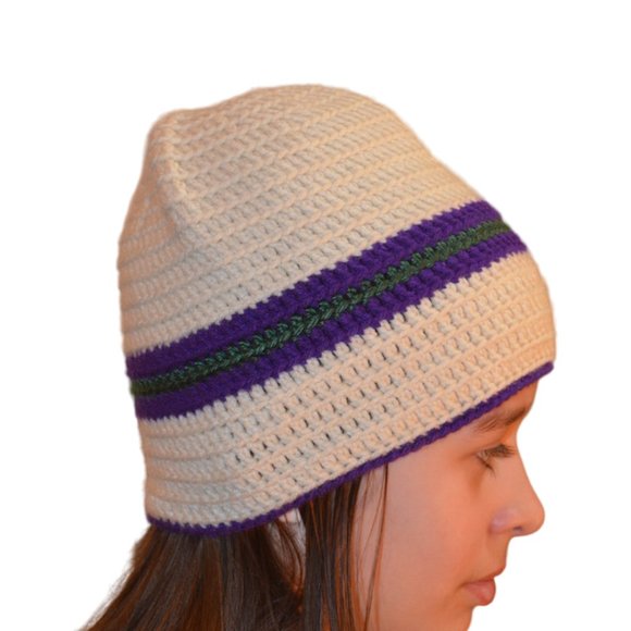Beanie Crochet White Purple Stripes Tied knit approx. S - Picture 2 of 5